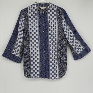 Boden Shirt Womens 6 Blue White Floral Button Front 3/4 Sleeve Boho Band Collar